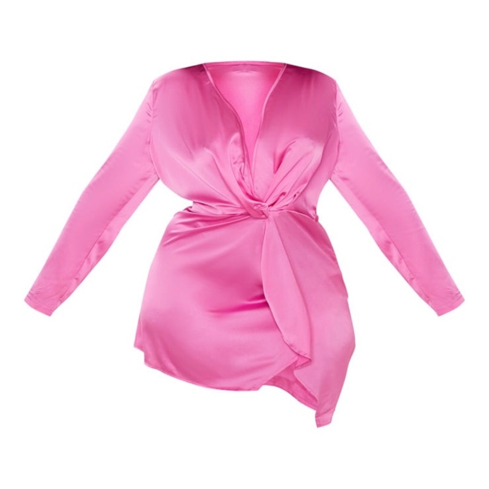 Fuschia Satin Long Sleeve Wrap Dress